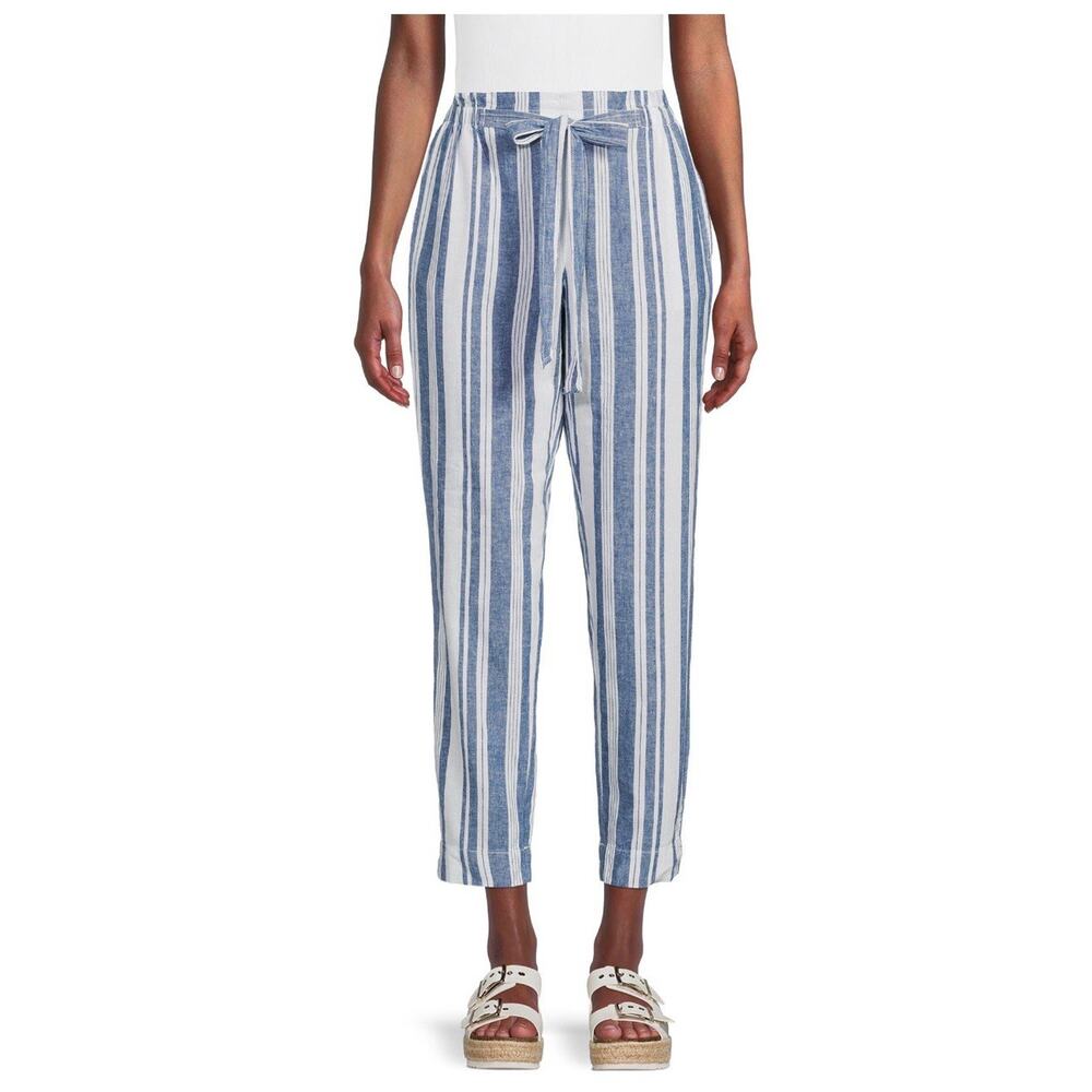 Beach Lunch Lounge Pants Women's XS Tall Linen Blend Blue White Pull On Wide Leg